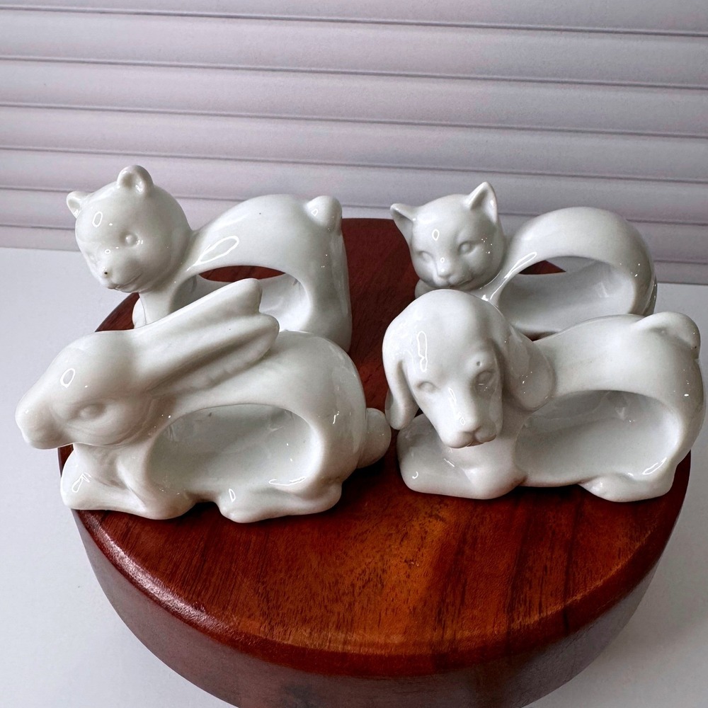 VTG Fine Porcelain Animal Napkin Rings Japan Bear Bunny Dog Cat White Set Of 4